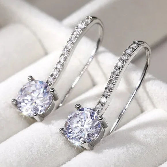 🎀 White Crystal CZ Dangle Earrings for Women Imitate Zircon Drop, HA4516 - Picture 1 of 6